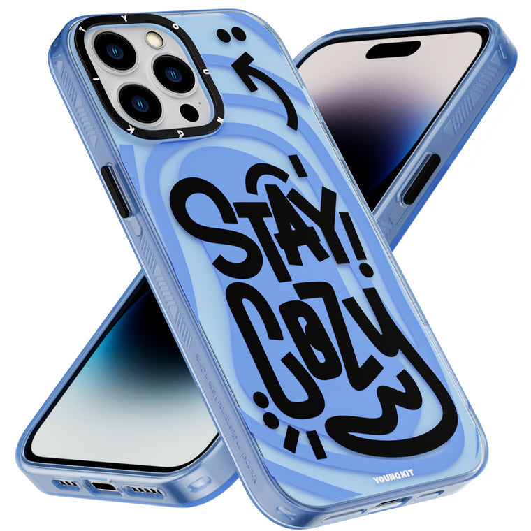 iPhone 15 Pro Max Case YOUNGKIT Happy Mood Luxury Designer Brand Shockproof iPhone Case Blue Stay Cozy