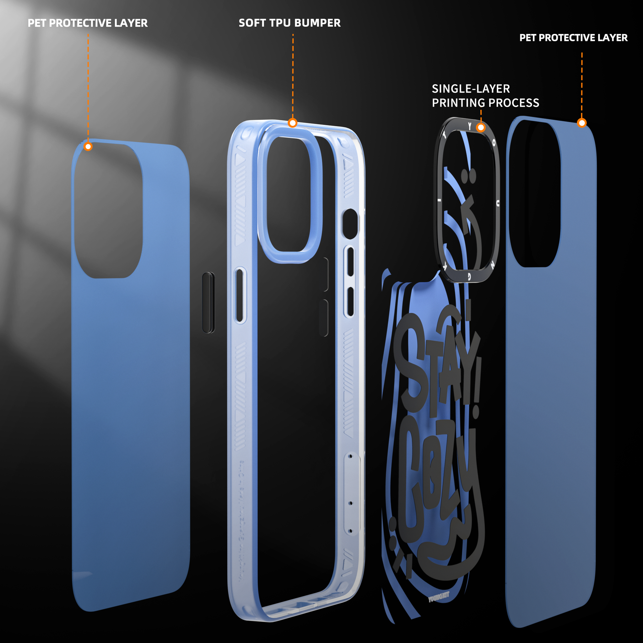 iPhone 15 Pro Max Case YOUNGKIT Happy Mood Luxury Designer Brand Shockproof iPhone Case Blue Stay Cozy