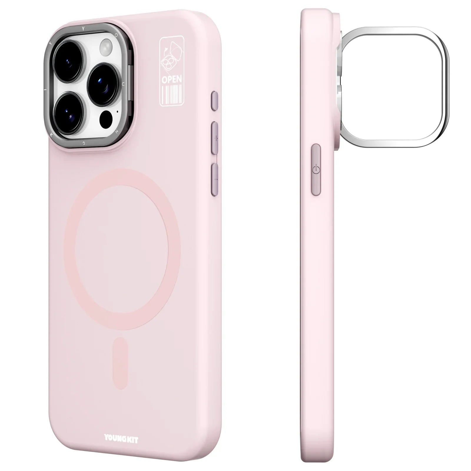 iPhone 15 Pro Hülle YOUNGKIT Cream Silicone Multifunctional Stand MagSafe / Pink
